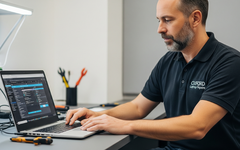 Technician optimizing a slow laptop at Oxford Laptop Repairs shop using performance tools