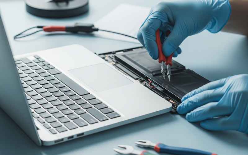Technician replacing an old laptop battery with a new one in an Oxford-based repair shop