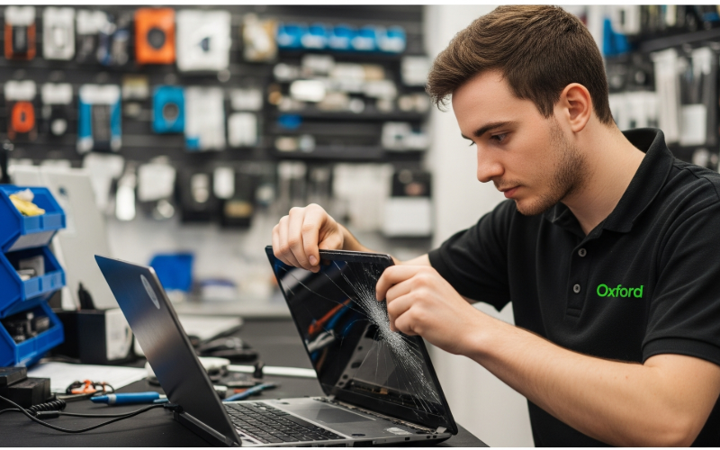 Technician replacing a cracked laptop screen in a repair shop in Oxford