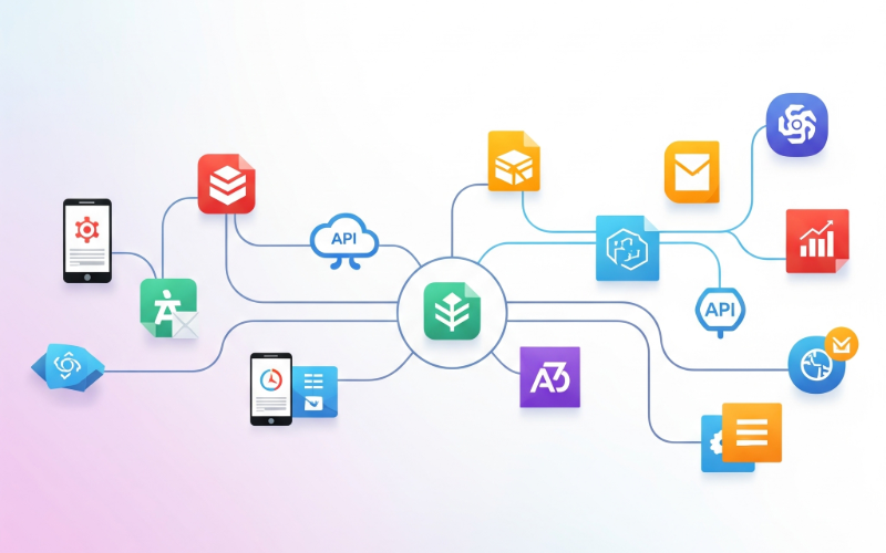 API integration diagram showing connected apps and systems
