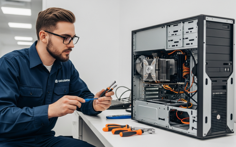 Computer technician fixing desktop PC in Oxford repair shop
