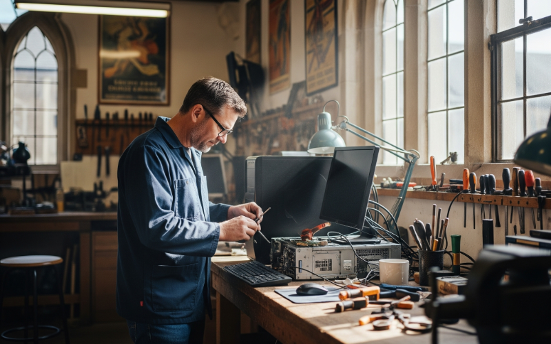 Local computer technician repairing desktop in Oxford workshop