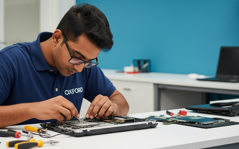 Technician repairing laptop at Oxford Laptop Repairs shop