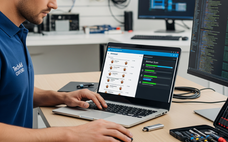 Technician cleaning malware from a desktop computer