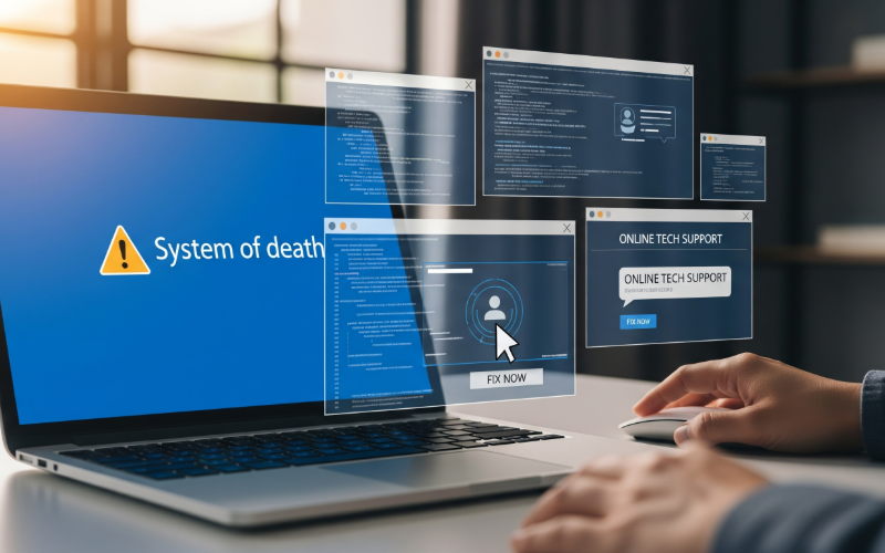 Laptop with error screen being fixed online
